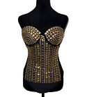 Lydia SZ MED Rhinestone Jeweled Bustier Body Suit Top Spaghetti Strap Black Gold
