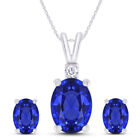 2 Ct Solitaire Pendant Earrings Set Blue Sapphire & Simulated Diamond 925 Silver