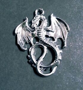 Large Dragon Pendant Antiqued Silver Fairy Tale Charm Medieval 2 Sided Ornate