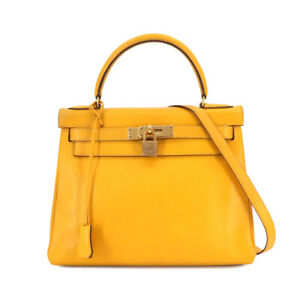 HERMES Kelly 28 2way Hand Shoulder Bag Couchevel Epsom Yellow Purse 90231288