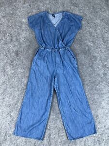 J Crew Denim Jumpsuit 2 XS Blue Cropped Wide Leg Short Sleeve Cotton