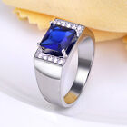 Rhodium Plated Ring Men Blue Square Cubic Zirconia Silver Fashion Jewelry