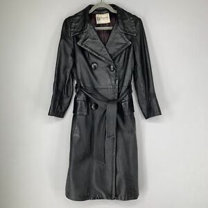 Bullocks Women Leather Coat Black Leather Trench Double Breasted Vintage Belted