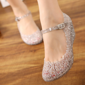 Women Glass Jelly Sequins Buckle Round Toe Sandals Mid Wedge Heel Shoes Slippers