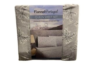 Flannel From Portugal Gray Floral Flannel Sheet Set 4 Piece Queen 100% Cotton