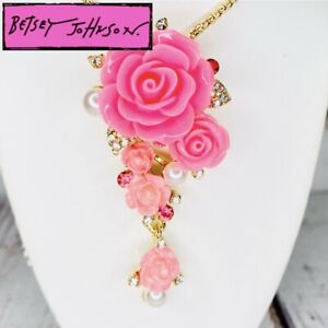 Betsey Johnson 3D Pink Rose Crystal Rhinestone & Pearl Pendant Necklace Brooch