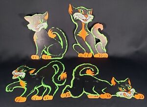 Vintage Lot 4 Beistle Halloween Black Cats Stand Up Die Cut Neon Green