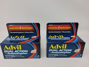 2 Advil Dual Action Acetaminophen 250mg & Ibuprofen 125mg, 72 Caplets Exp 07/26