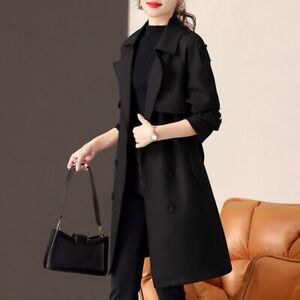 Womens British Style Double Breasted Lapel Collar Belt Slim Trench Outwear Coat