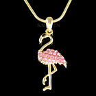 ~Pink Flamingo Bird made with Swarovski Crystal charm Jewelry Gold Tone Necklace