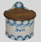 New ListingAntique Stoneware Salt Crock ~ Blue & White Sponge Glaze ~ Hanging w/Wood Lid