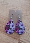 Womens Light Weight Faux Leather Dangle Earrings Floral Design Both Sides