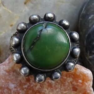 Fred Harvey Era Green Turquoise Satellite Pinky Ring Size 5 1/2 Stamp Decorated