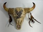 Buffalo Head Skull With Horns, Low-Relief Eagle, Feathers On Horns, Decor