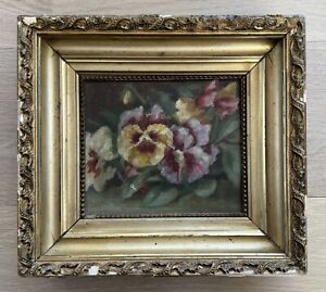 ANTIQUE OIL PAINTING PANSIES 19TH C UNSIGNED ORIGINAL VICTORIAN FRAME