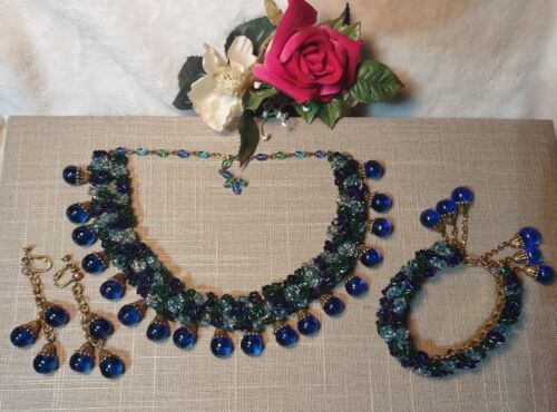 Early MIRIAM HASKELL Hand Poured Blue Glass Bead Necklace Bracelet & Earring SET