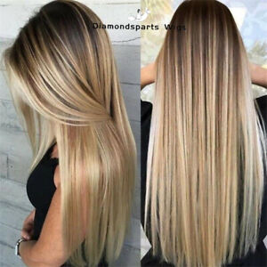 Women Real Long Straight Hair Wigs Ladies Natural Ombre Blonde Cosplay Full Wig