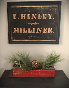 Antiqu E. HENLEY MILLINER Trade Sign Orig Black & Gold Pt Tin Tacker c 1910 AAFA
