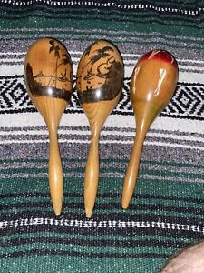 Lot 3 Vintage Maracas Musical Shaker Natural Painted Gourd Wood Acapulco Mexico