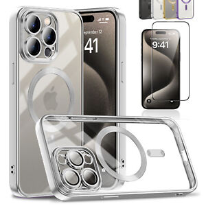 For iPhone 14 15 Pro Max Mag Safe Magnetic Clear Case Cover, HD Screen Protector