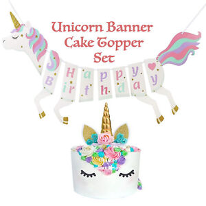 Unicorn Cute Happy Birthday Banner and Cake Topper Party Supplies Set FAST SHIP