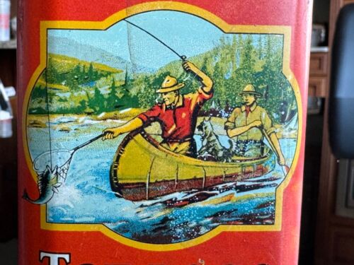 New ListingAntique Forest and Stream Pocket Tobacco Tin Can *Men in canoe BEST GRAPHICS