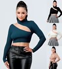 Women's Basic Turtleneck Cropped Top Long Sleeve Sweater Rib Cutout Soft Fitted