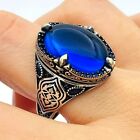 Oval Blue Agate Gemstone 925k Sterling Silver Jewelry Handmade Men's Ring
