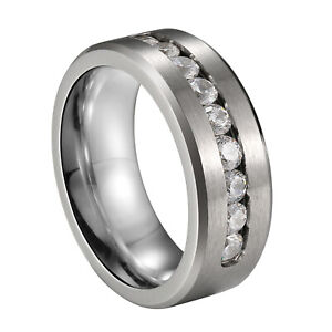 Men's Women's High Polish Stainless Steel Cubic Zircon Wedding Band Promise Ring