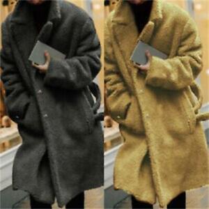 Men's Fashion Mid-Length Long Sleeve Cardigan Faux Woolen Coats Fleece Outwear