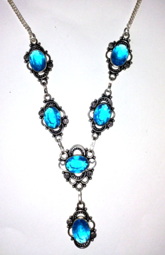 Sterling Silver Swiss Blue Topaz Filigree Necklace Vintage Inspired NEW Gorgeous