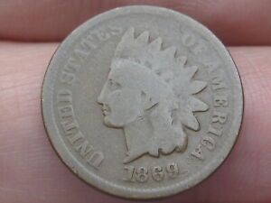 1869/9, 1869/69 Indian Head Cent Penny- VG/Fine Details, Rare Overdate