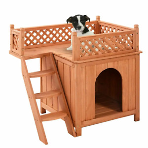 New ListingCostway Wooden Puppy Pet Dog House Wood Room In/Outdoor Raised Roof Balcony Bed