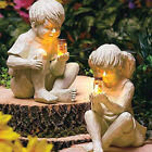 Boy Girl with Solar Fireflies Statue Garden Resin Ornament Kid Sculpture Decor