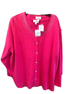 NEW Quaker Factory Women 3X 2-Piece Cardigan Short Sleeve Top Set Pink Rhineston
