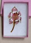 Vintage - Signed Cerrito Enamel Pink Lilly Brooch - Hand Painted Cubic Zirconia