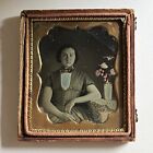 Antique Cased Daguerreotype Beautiful Young Woman Amazing Dress Tinting Flowers