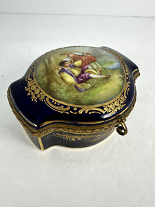 Antique Chateau de Longpre France Jewelry Box with Kids Fishing Design Blue Gold