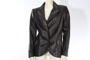 Vintage NOI Firenze Black Leather Embroidered Collar Two Button Blazer Size 46