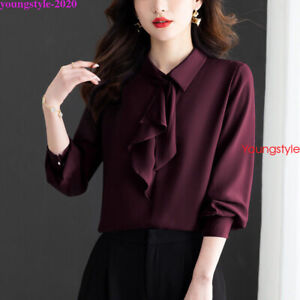 Korean Elegant Women Ruffle Tie Chiffon Spring Career Workwear Shirt Blouse Tops