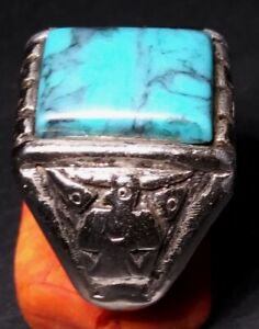 Vintage Navajo Mens Silver Palted Ring Large Flux Turquoise Thunderbird Size 11