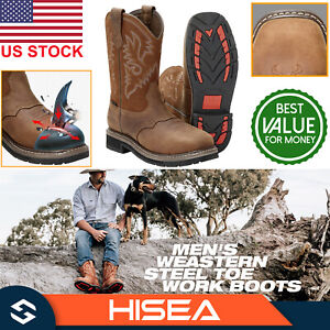 HISEA Men Western Cowboy Boots Square Steel Toe Work Boots Leather Safety Boots