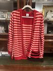 CABI Red & Pink Striped Picnic Long Cardigan Sweater Pockets Elbow Patch Sz L