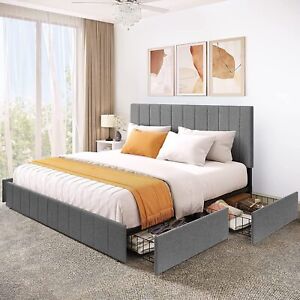 King Size Upholstered Platform Bed Frame w/ Adjustable Headboard+Storage Drawers