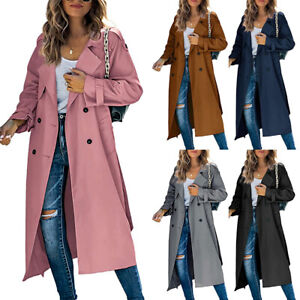Womens Double Breasted Long Trench Coat Windproof Classic Lapel Belted Overcoat