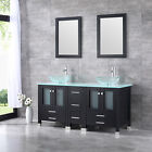 60 Inch Bathroom Vanity w/ Clear Glass Basin Double Cabinet w/ Sink Top