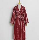 Designers Long Patent Shiny Leather Trench Coat Women Belted Lapel Collar Jacket