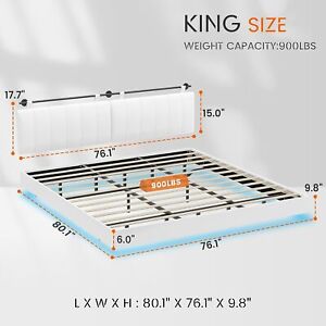 Floating Upholstered King Size Platform LED Bed Frame w/ Wall Mounted Headboard