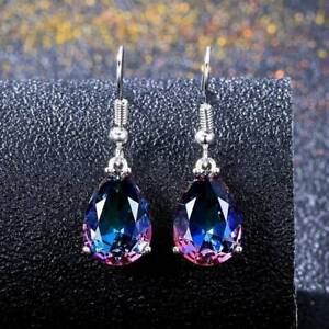 Women 925 Silver Cubic Zirconia Earrings Ear Hook Dangle Wedding Rainbow Jewelry