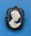 Sterling Silver 925 Lady Cameo Blue Stone Marcasite Brooch